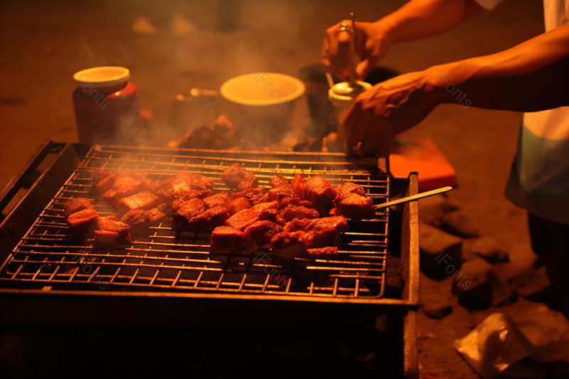 夜晚活动烧烤美食炭烤蒸汽,高清,摄影图,摄影图片,图片大全,摄影图免费下载